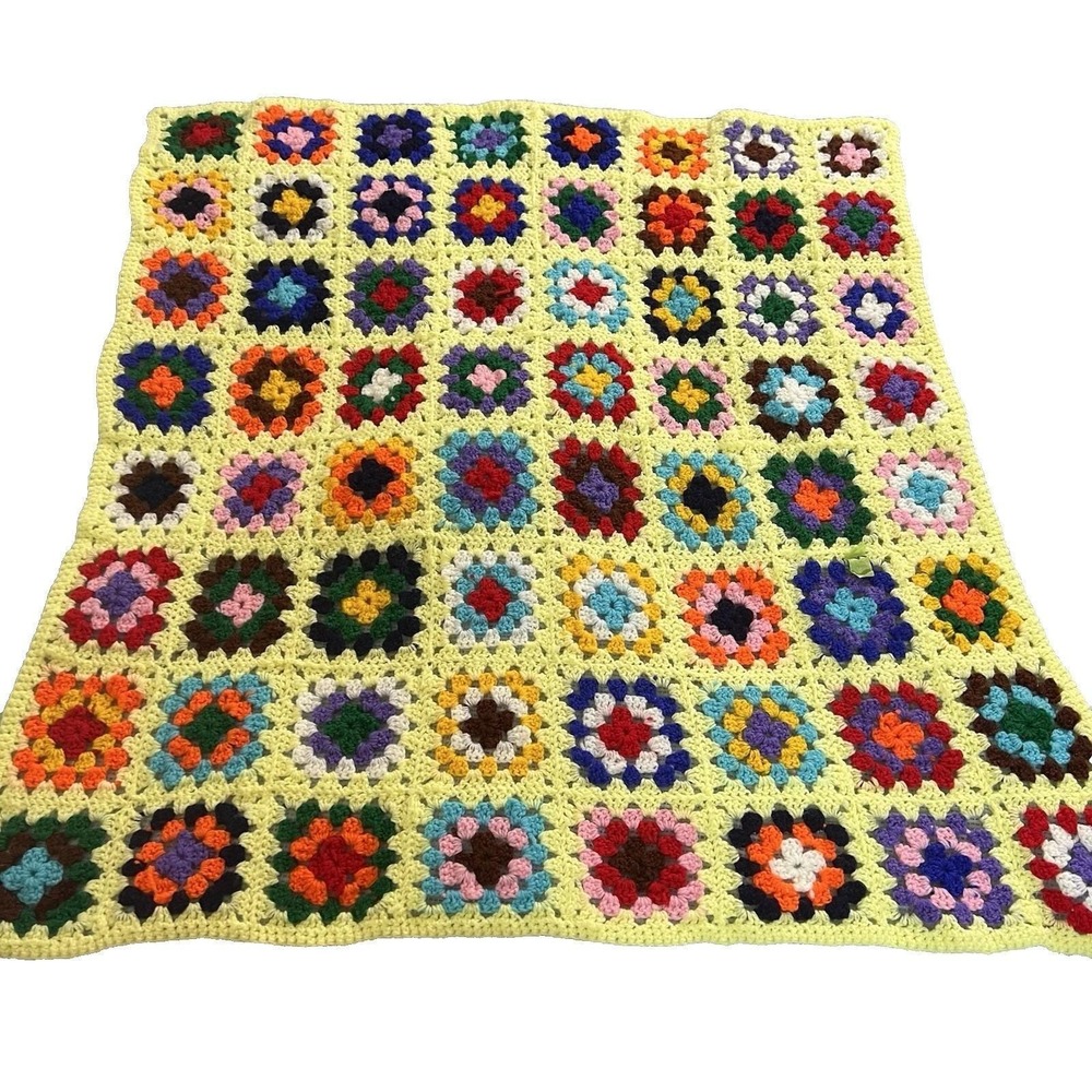 Vintage Handmade Crochet Granny Square Blanket Yellow Boho Throw‎ Afghan